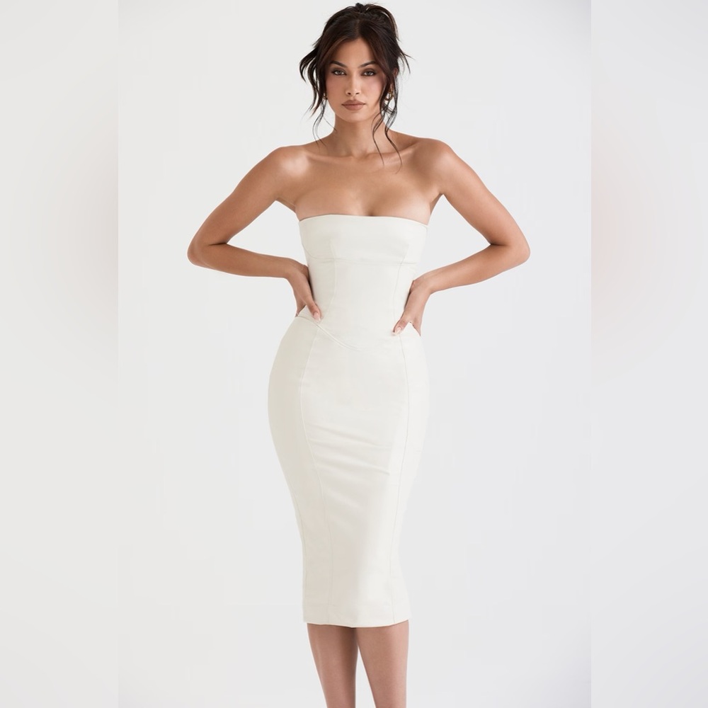 House of CB CAMILLA IVORY VEGAN LEATHER STRAPLESS DRESS, Size Small, $269